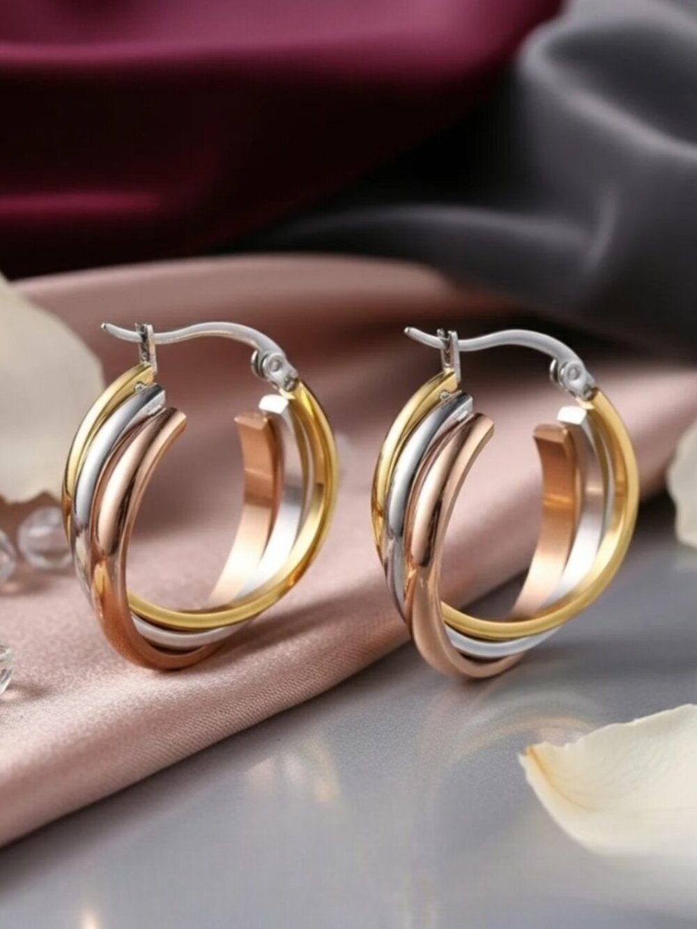 18K Gold Plated Stainless Steel Triple Hoop Earrings Rose Gold Old Money 1in